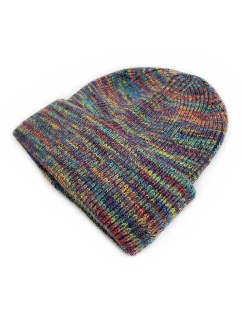 A multicolor knit beanie hat with horizontal stripes of blue, green, yellow, orange, and purple, shown on a plain white background.