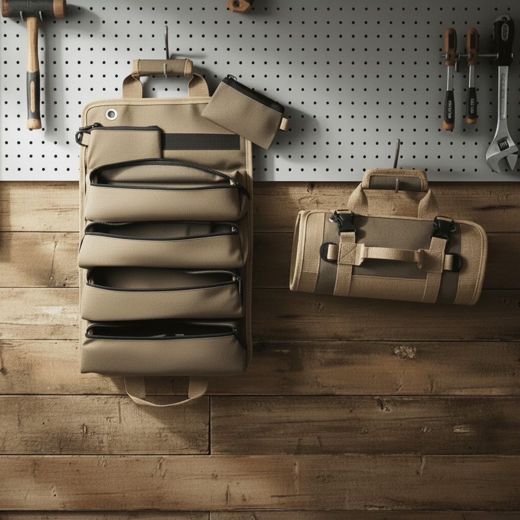 Two tactical bags on a wooden surface with tools in the background