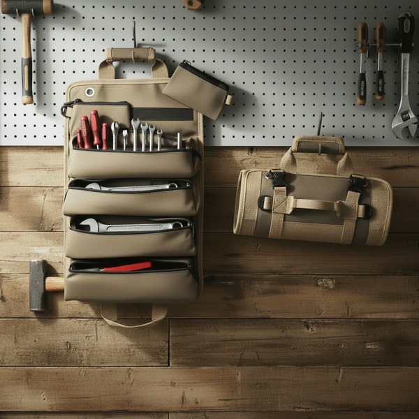 A beige canvas tool organizer hanging on a pegboard wall, filled with hand tools including wrenches, screwdrivers, and a hammer, with a matching empty pouch hanging beside it on a wood plank background.