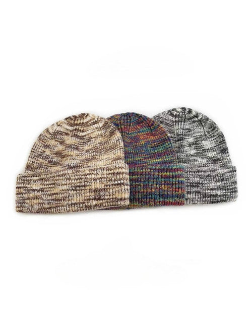 Three marled knit beanie hats arranged side by side on a plain white background. The left beanie is beige and brown, the middle beanie has multicolor yarn with blue, red, and green tones, and the right beanie is gray and white.