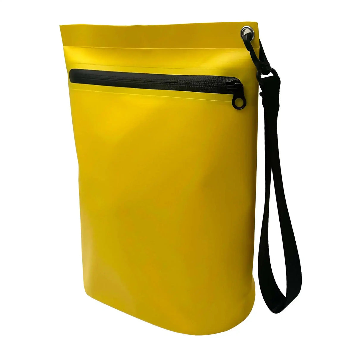 Bright yellow waterproof pouch with black zipper and wrist strap for outdoor gear protection
