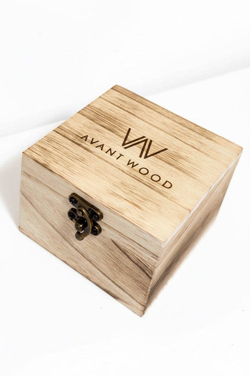 Wooden box with 'AVANT WOOD' branding on a light background